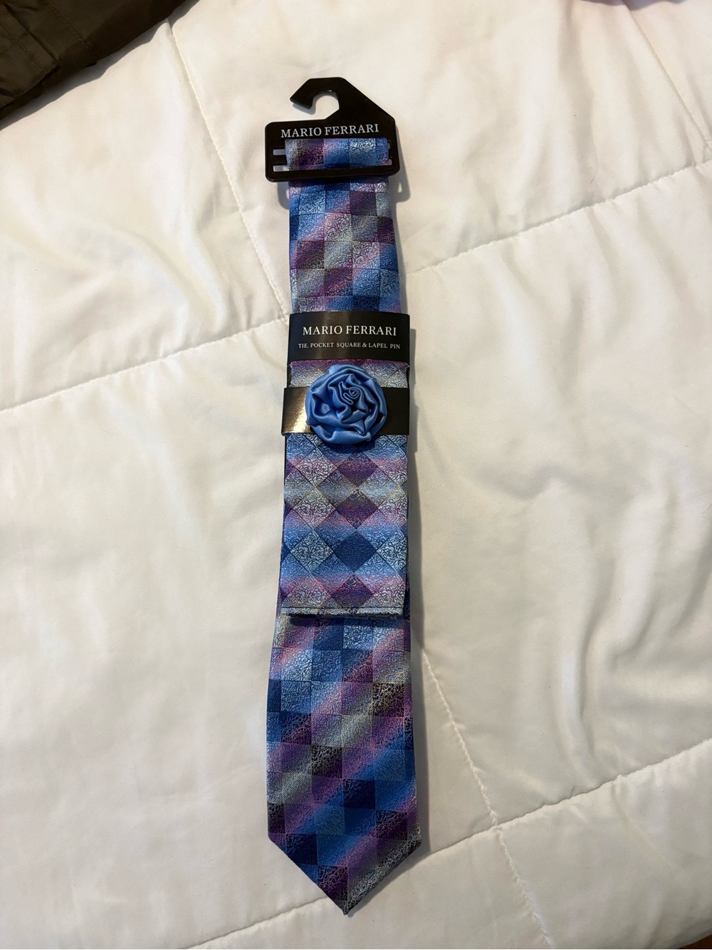 Mario Ferrari Tie Set Blue Purple Geometric Tie Pocket Square & Lapel Pin